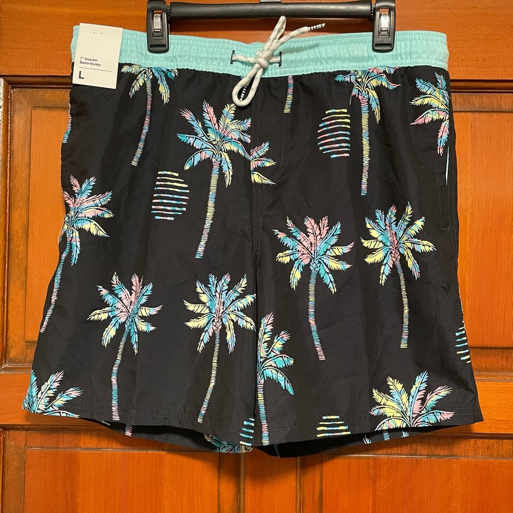 NWT Original Use Black and Blue Swim Trunks Tropical Design